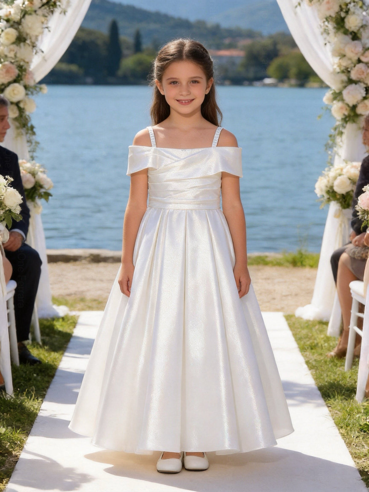 Vestito Ragazza Elegante Off Shoulder Effetto Taffetà Principessa Bianco 6 Anni