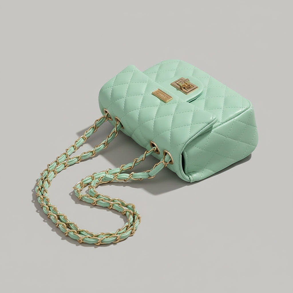 Mini Borsa Donna Trapuntata con Catena – Elegante e Compatta, Stile Italiano 9915(19×8X14cm) Green