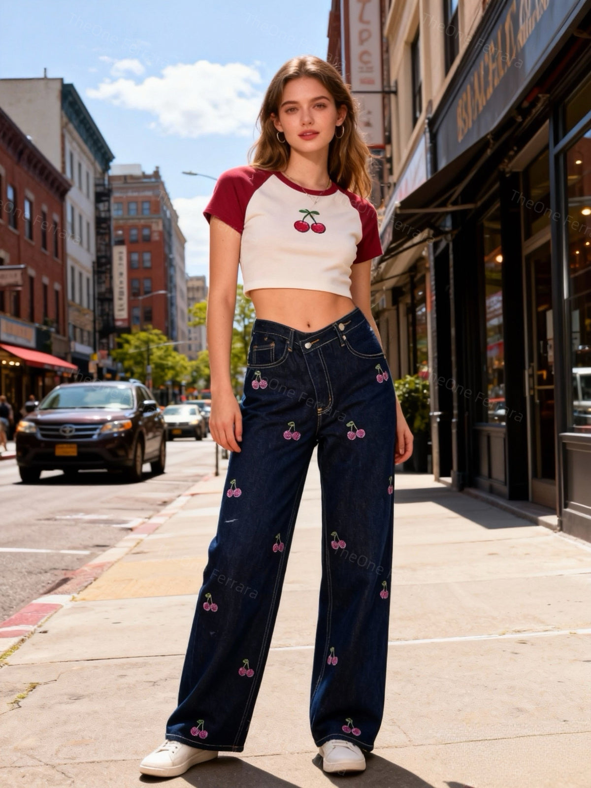 Jeans Donna a Gamba Larga con Ricamo Ciliegie – Vita Media, Stile Vintage Mod. V5110-TheOne M