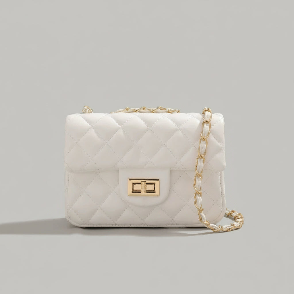 Mini Borsa Donna Trapuntata con Catena – Elegante e Compatta, Stile Italiano 9915(19×8X14cm) Bianco