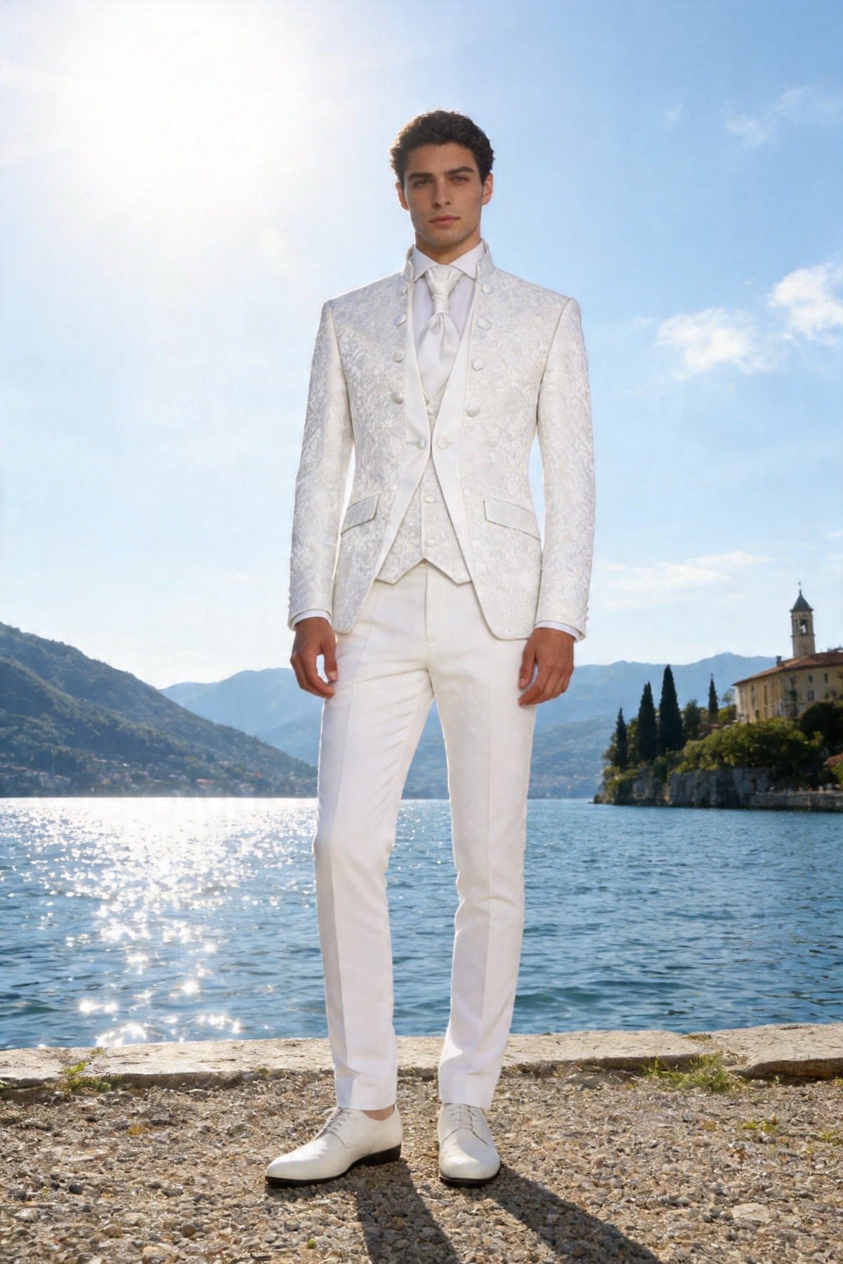 Abito da Sposo Uomo 4 Pezzi Nero 、Bianco Damascato – Giacca Collo Coreano + Gilet + Pantaloni Finitura Lucida (Effetto Raso) + Cravatta | Slim Fit Drop 6