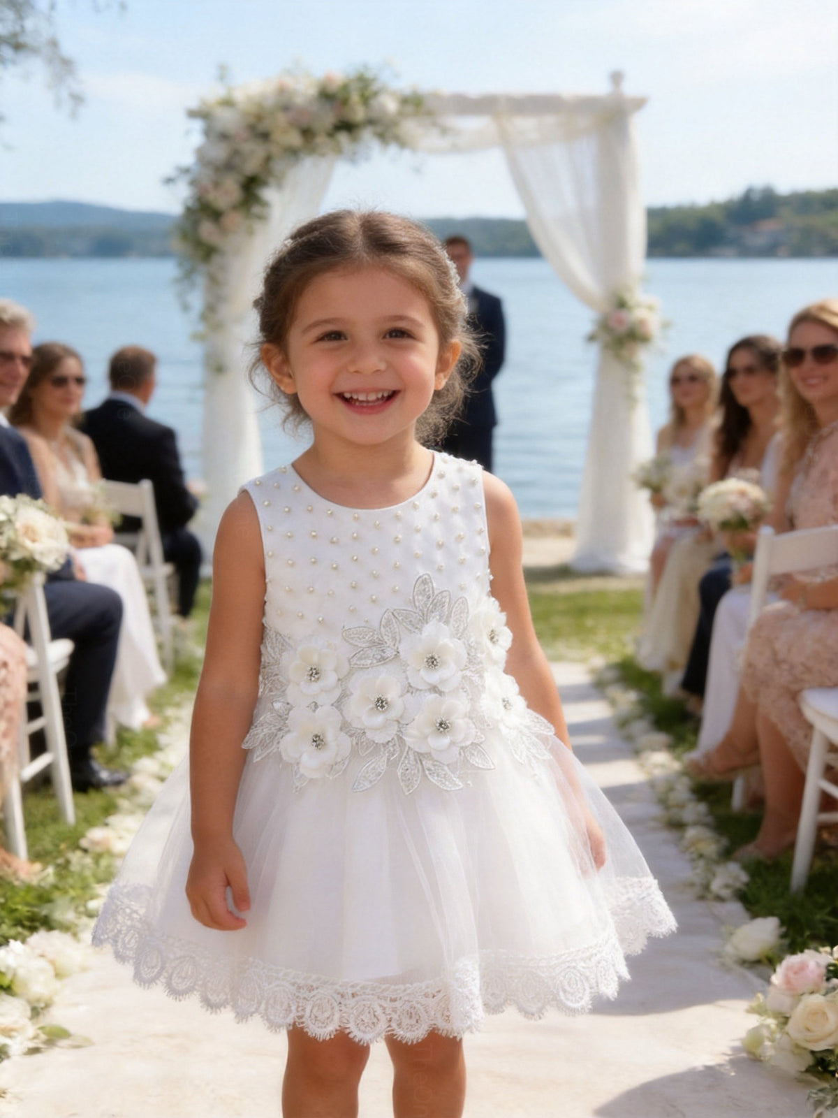 Vestito Elegante Bambina Bianco con Fiori 3D e Tulle per Cerimonia