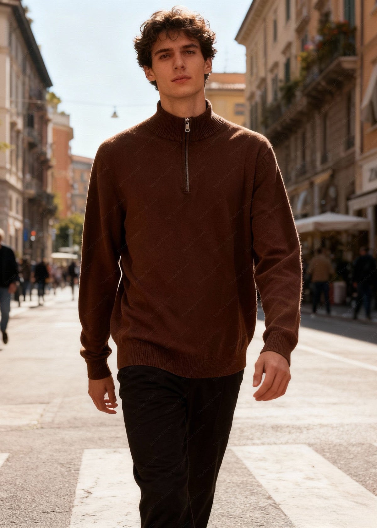 Maglione Uomo Mezza Zip - Pullover Viscosa Modal Collo Alto c t-007 Caffe