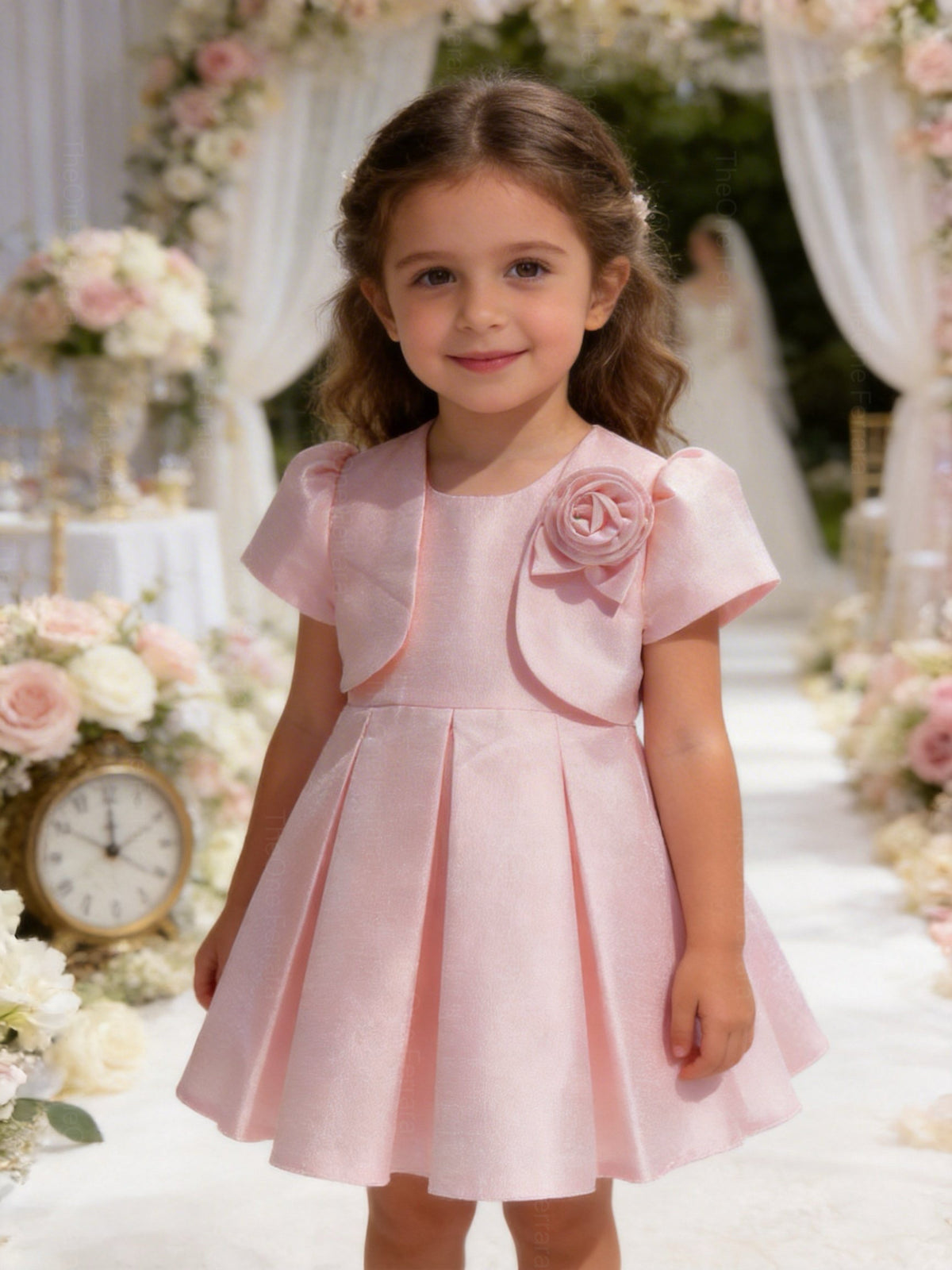 Abito Cerimonia Bambina con Bolero e Fiore – Vestito Elegante Rosa Cipria in Tessuto Strutturato Luminoso per Comunione, Matrimonio e Festa 1-6 anni