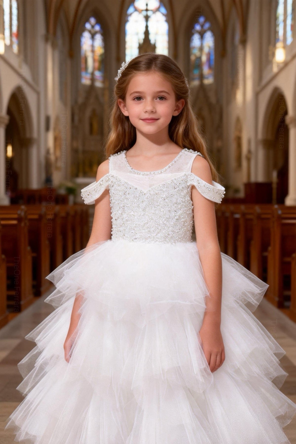 Abito da Cerimonia Bambina Bianco con Tulle e Paillettes 2–14 Anni 8238 -TheOne
