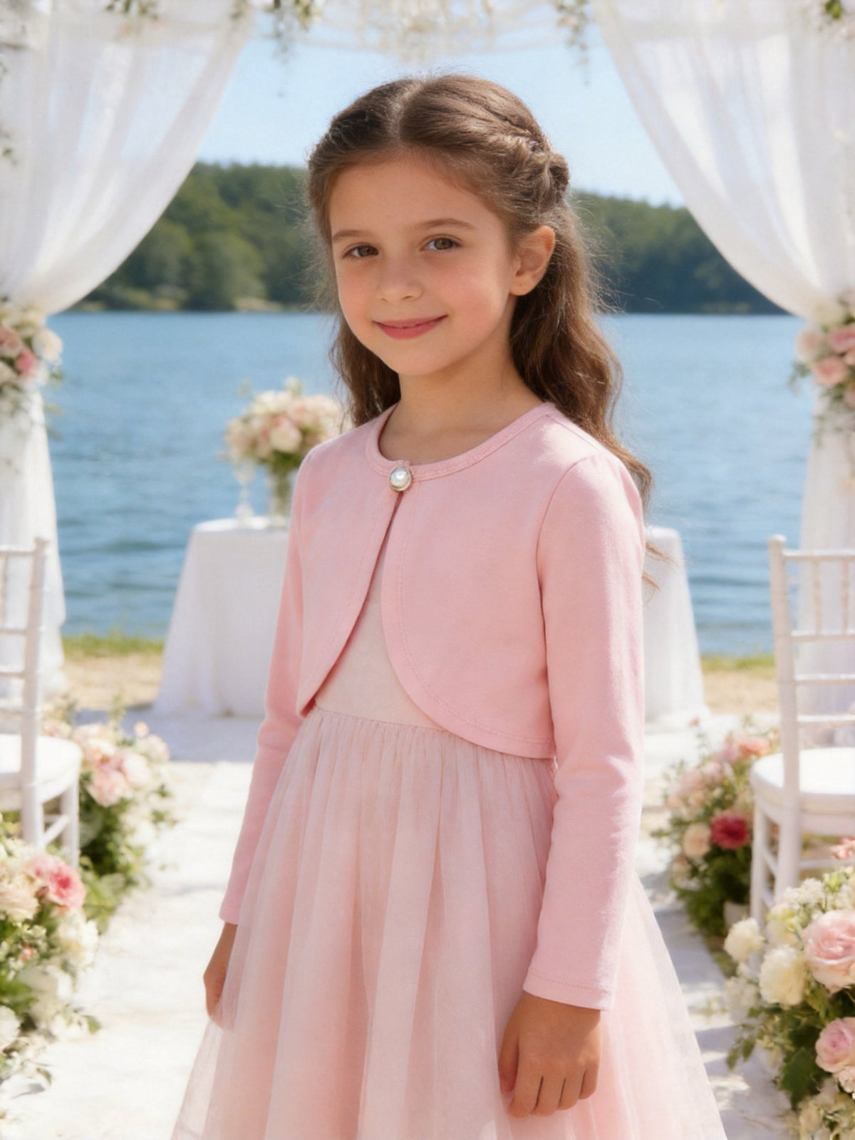 Coprispalle Bambina in Cotone con Bottone Perlato per Cerimonia