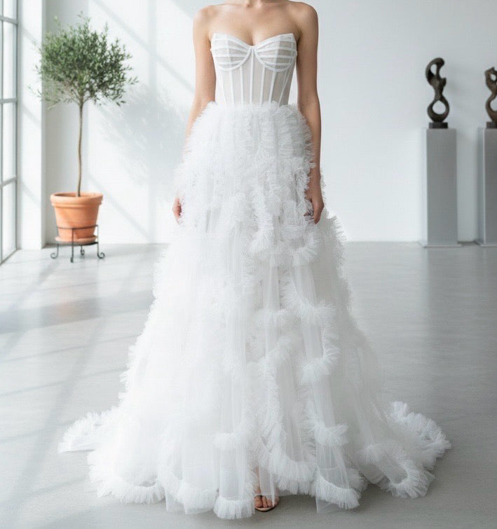 Abito da Sera Bianco con Corsetto e Tulle – Vestito Lungo Elegante Effetto Couture 883008
