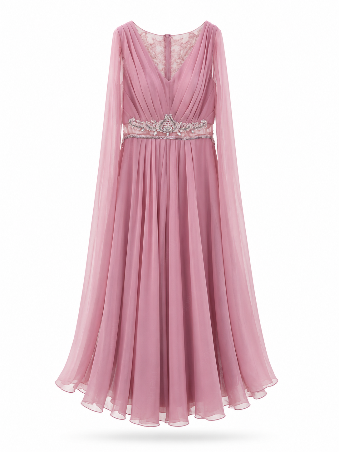 Abito Elegante Lungo in Chiffon con Mantella e Ricami