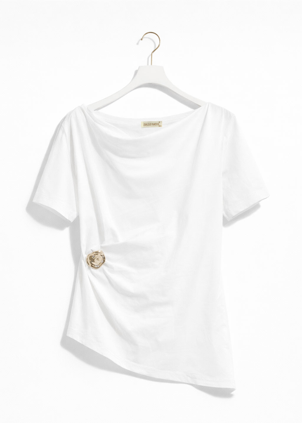 Top Donna Drappeggiato in Cotone – T-Shirt Elegante con Dettaglio Oro 66294 Bianco