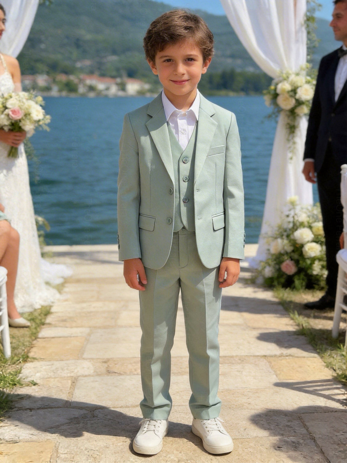Completo Bambino Matrimonio Verde Salvia 5 Pezzi Elegante 1-16 Anni
