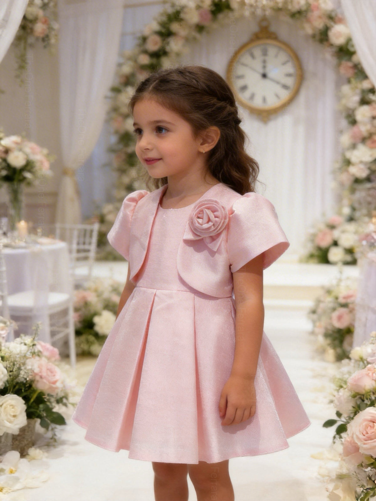 Abito Cerimonia Bambina con Bolero e Fiore – Vestito Elegante Rosa Cipria in Tessuto Strutturato Luminoso per Comunione, Matrimonio e Festa 1-6 anni