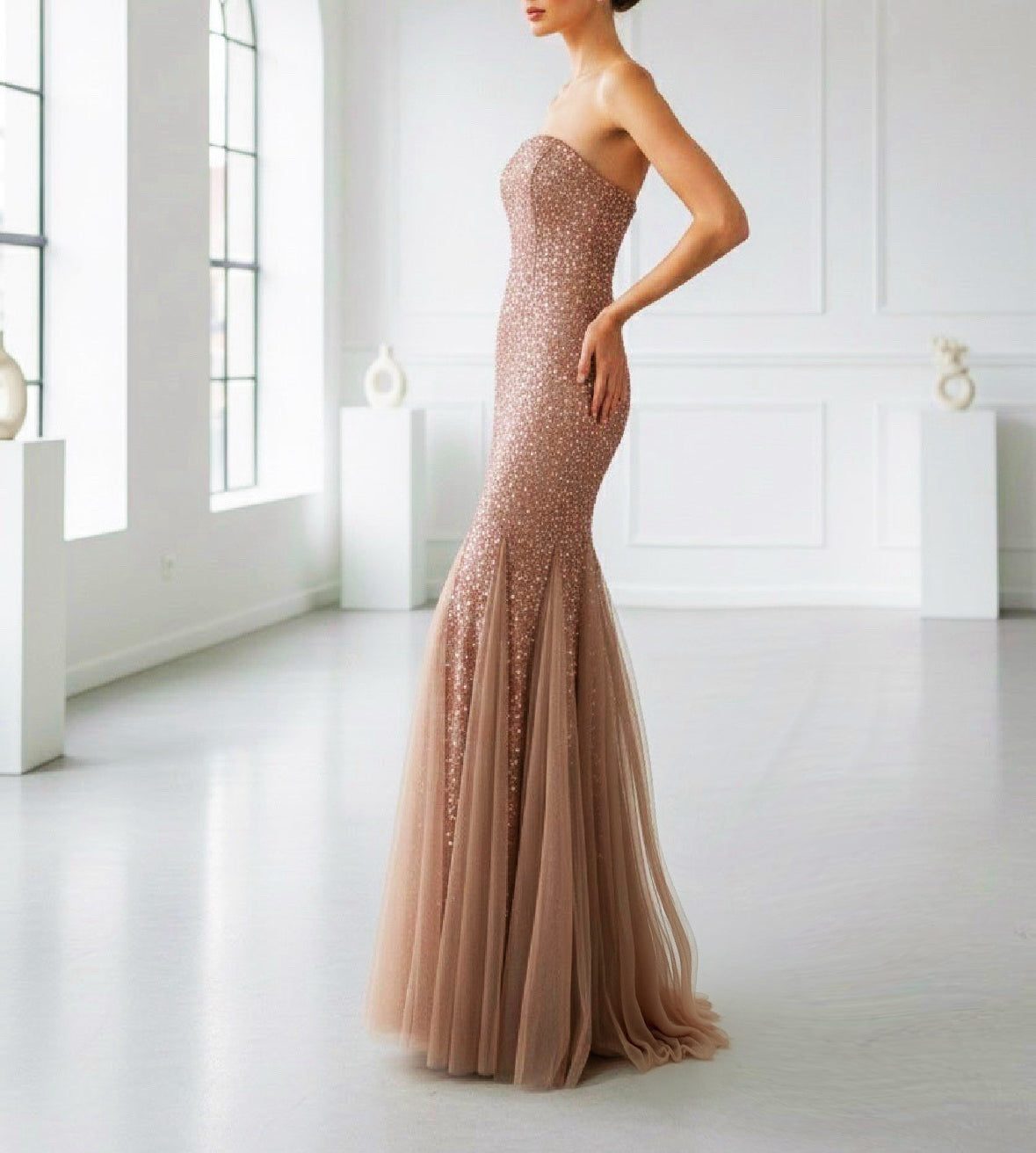 Abito da Sera Champagne con Paillettes – Vestito Lungo Sirena Elegante Senza Spalline 517039