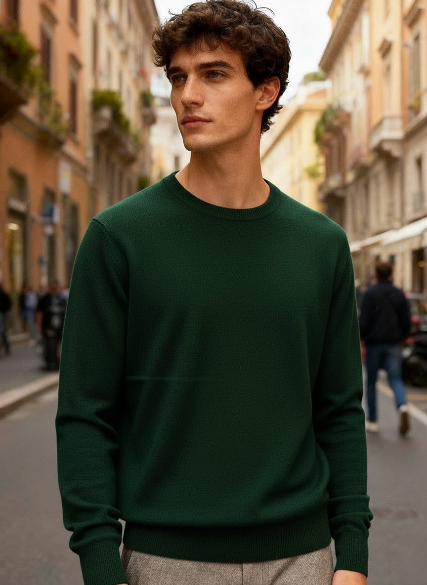 Maglione Uomo Girocollo in Viscosa - Pullover Morbido Elasticizzato-35613 bosco