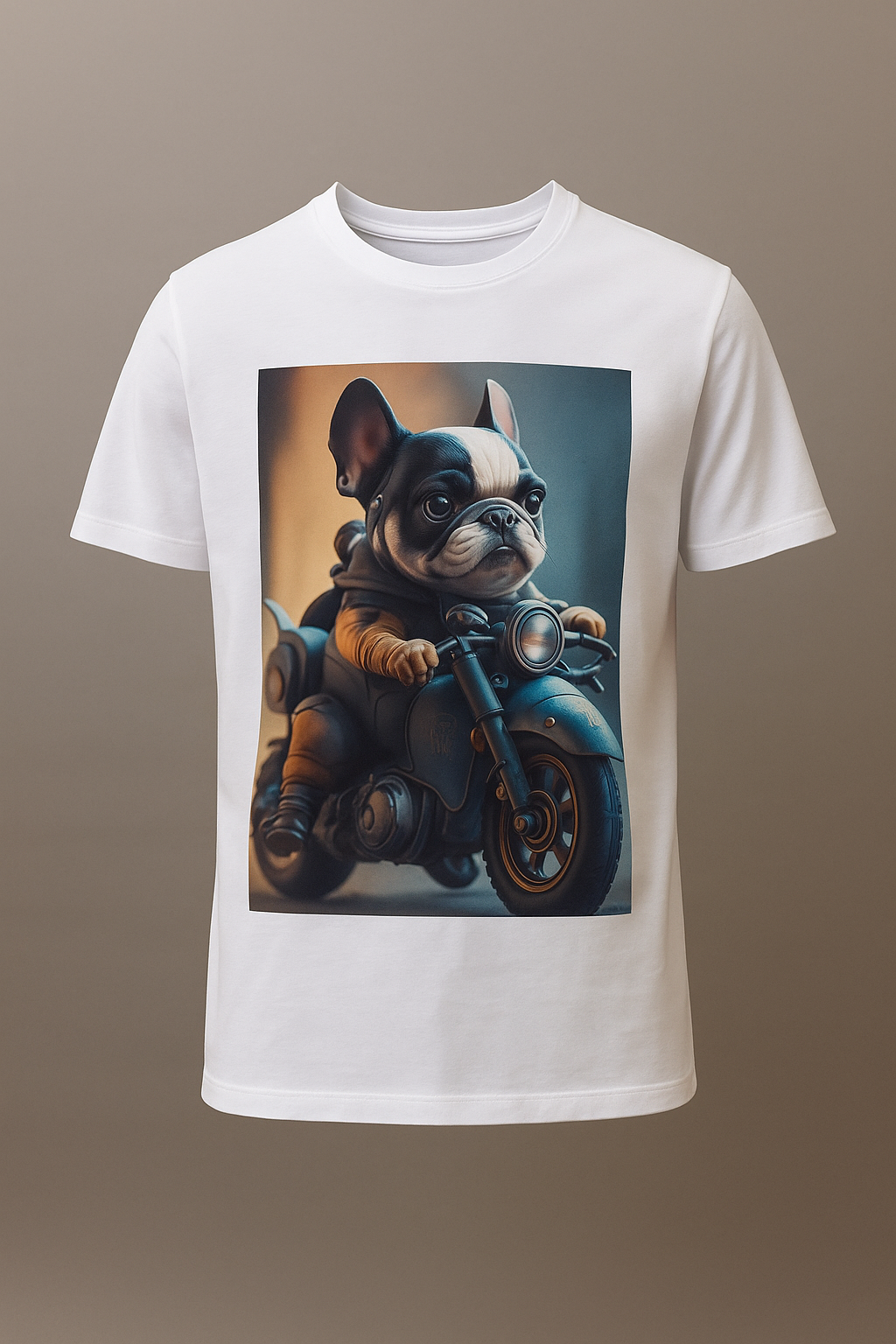 T-shirt Uomo con Bulldog su Moto – Stampa Divertente Streetwear White 100%cotton