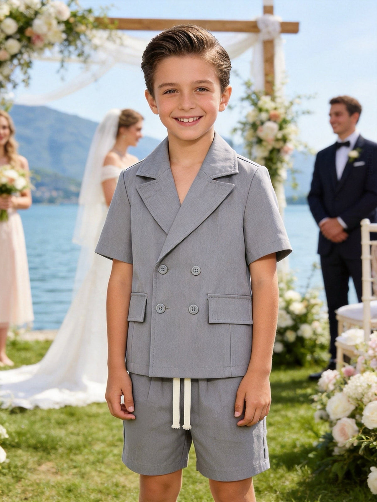 Completo Bambino Cerimonia 2 Pezzi con Giacca a Maniche Corte e Pantaloncini | 4-14 Anni