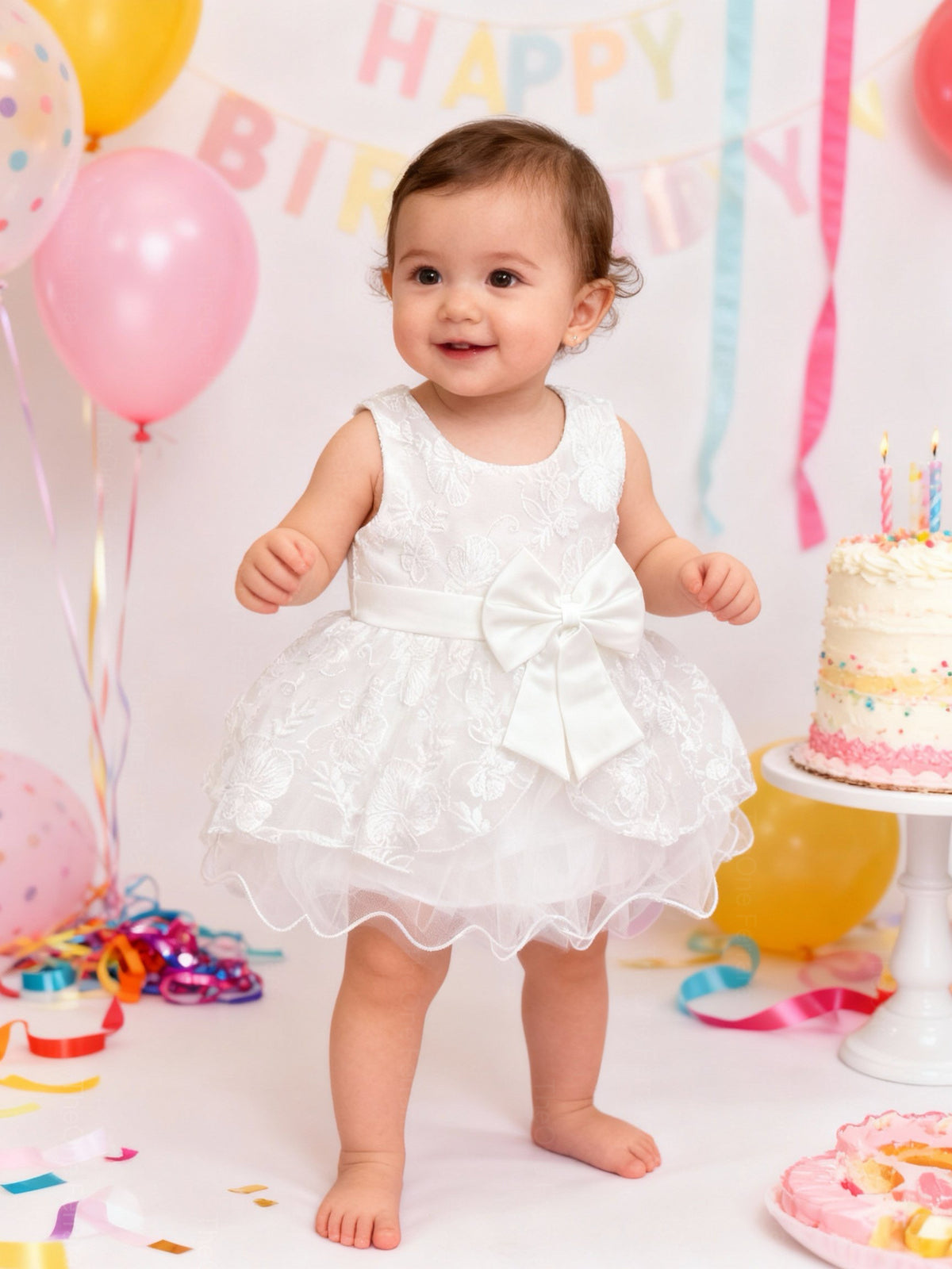 Abito da Battesimo Neonata Bianco 6–36 Mesi – Pizzo Floreale con Maxi Fiocco Cerimonia, Chiesa Compleanno 21017 Bianco 18M