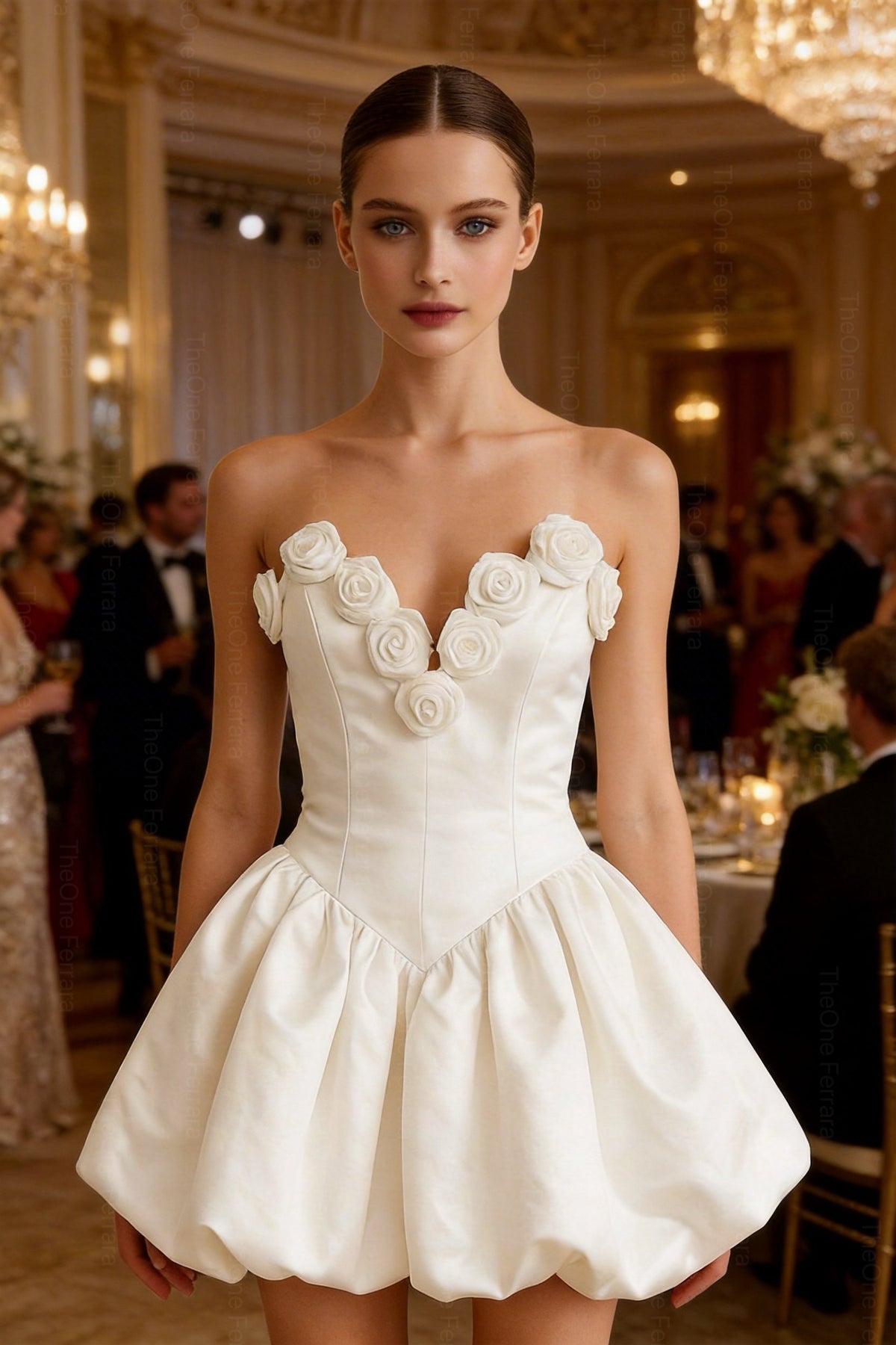 Abito Corto Bianco in Raso con Corsetto e Rose 3D – Gonna a Palloncino, Abito da Cocktail & Cerimonia 521688 Bianco