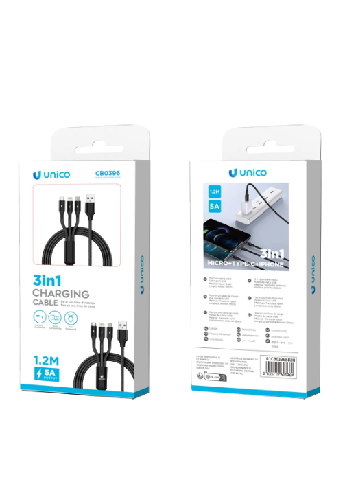 Cavo Dati 3 in 1 USB-A – MicroUSB, USB-C e Lightning | 5A 1,2m Nylon