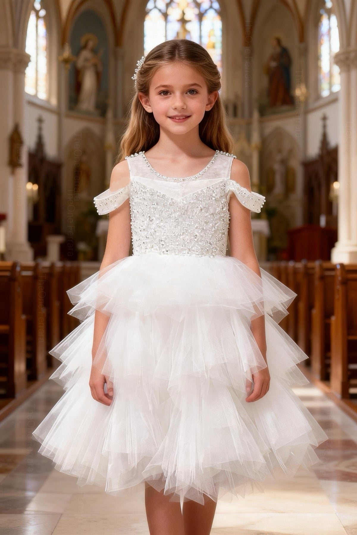 Abito da Cerimonia Bambina Bianco con Tulle e Paillettes 2–14 Anni 8238 -TheOne
