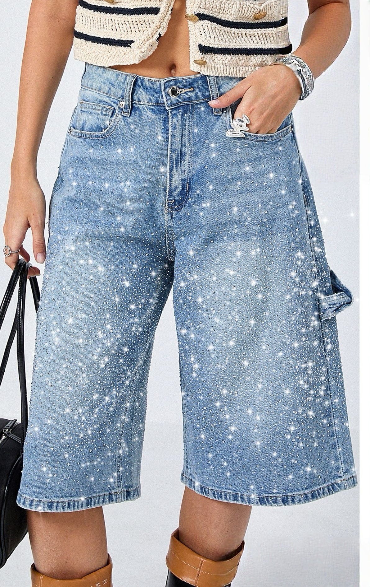 Jeans Donna Bermuda con Strass – Shorts Denim Vita Alta Wide Leg Eleganti Estivi 5115 Denim Blue