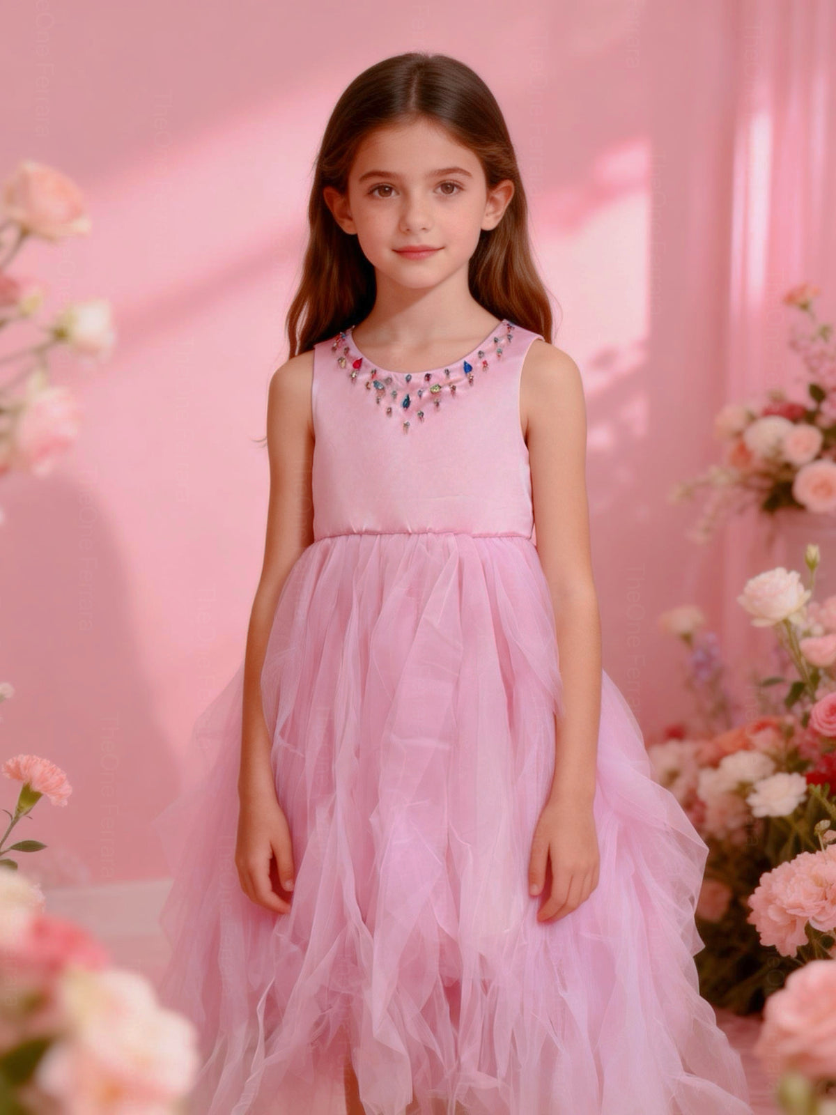 Abito Cerimonia Bambina Elegante in Tulle con Scollo Gioiello – 2-14 Anni – Rosa | Bianco | Bordeaux | Rosa Cipria – 2045 Rosa