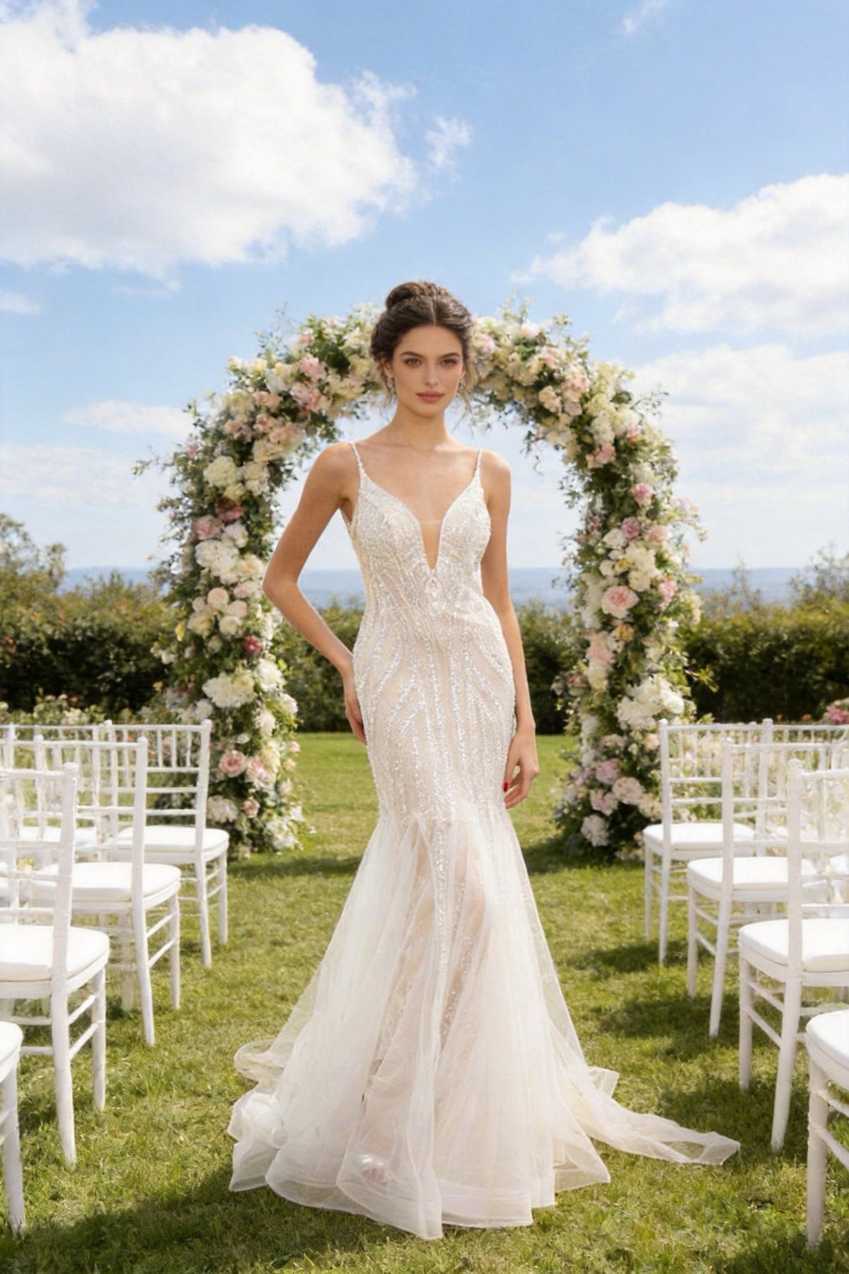 Abito da Sposa Sirena con Paillettes e Tulle – Vestito da Sposa Elegante con Scollatura Profonda e Schiena Scoperta 851016 Beige