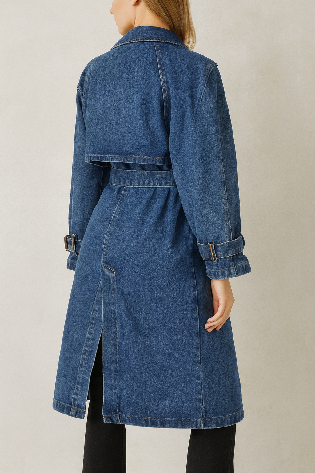 Trench in Denim da Donna con Cintura | Doppiopetto Elegante -1668