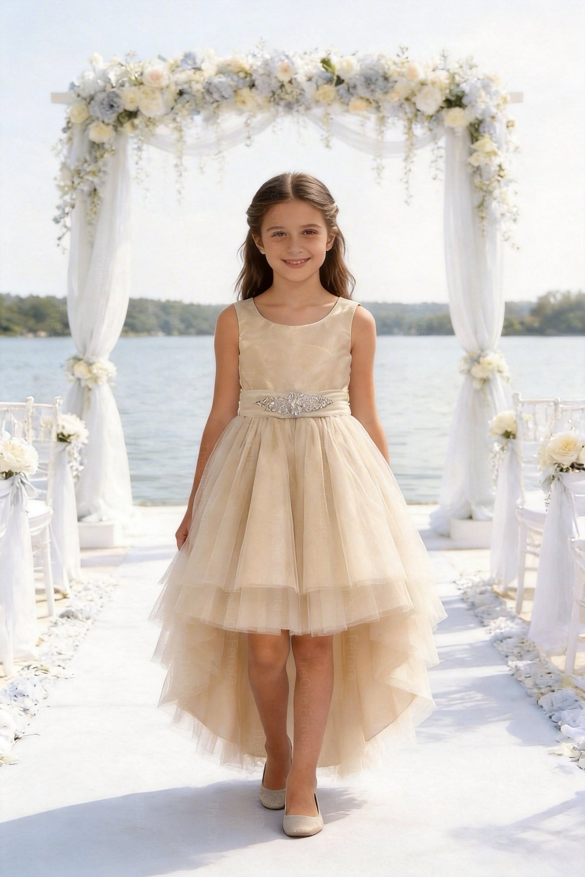 Abito da Cerimonia Bambina Elegante 4-14 Anni – Vestito Damigella in Tulle Multistrato con Cintura Gioiello (Bianco, Champagne, Azzurro) 82535