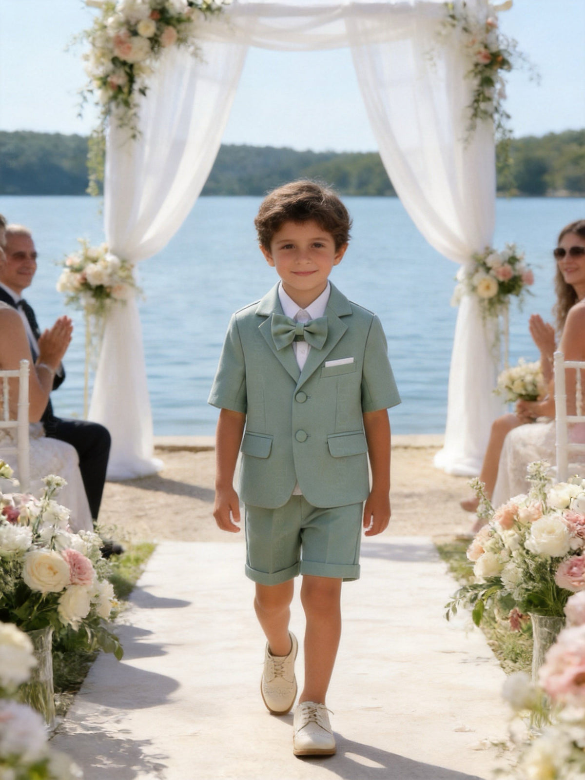 Completo Elegante Bambino Verde Salvia 4 Pezzi con Giacca Shorts Camicia e Papillong 4-10Anni