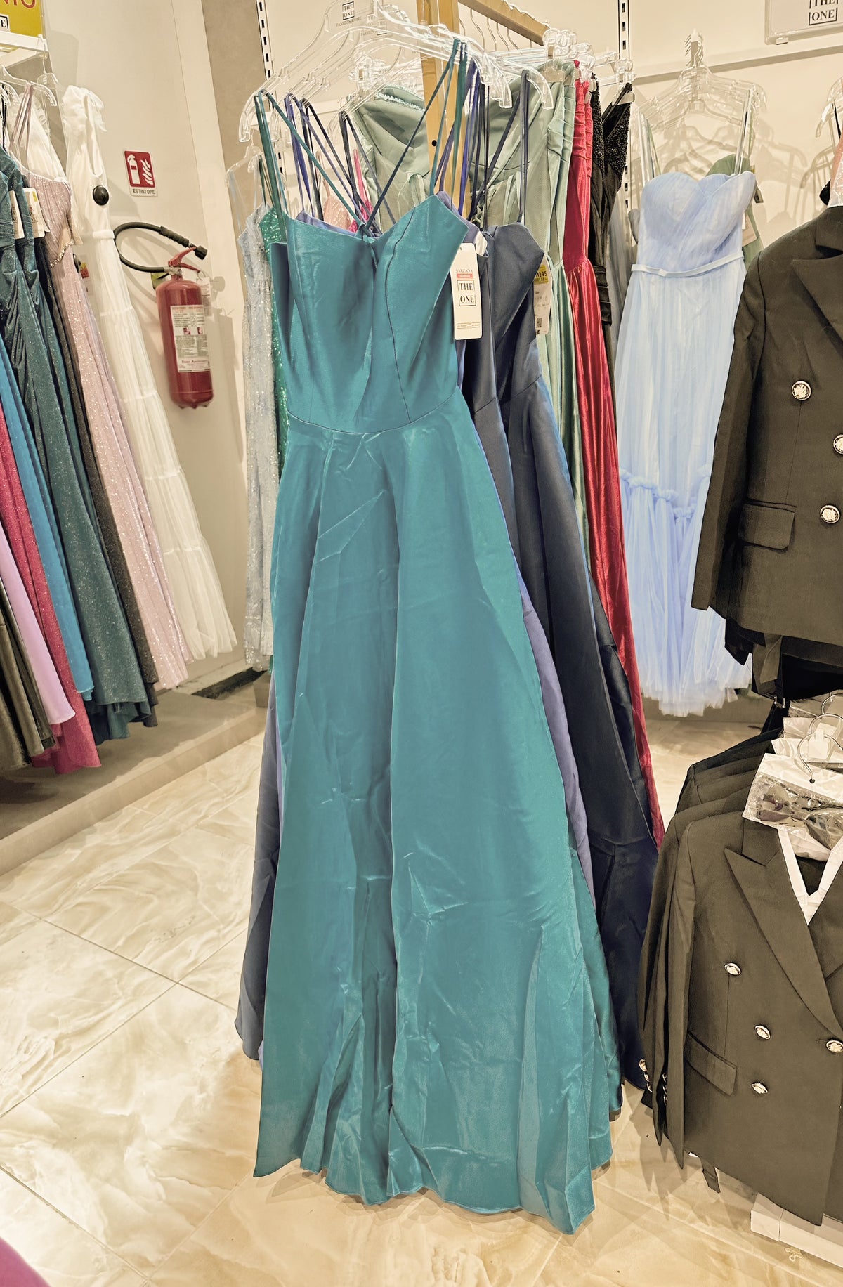 Abito lungo elegante blu royal con spalline sottili e schiena allacciata – con tasche Verde