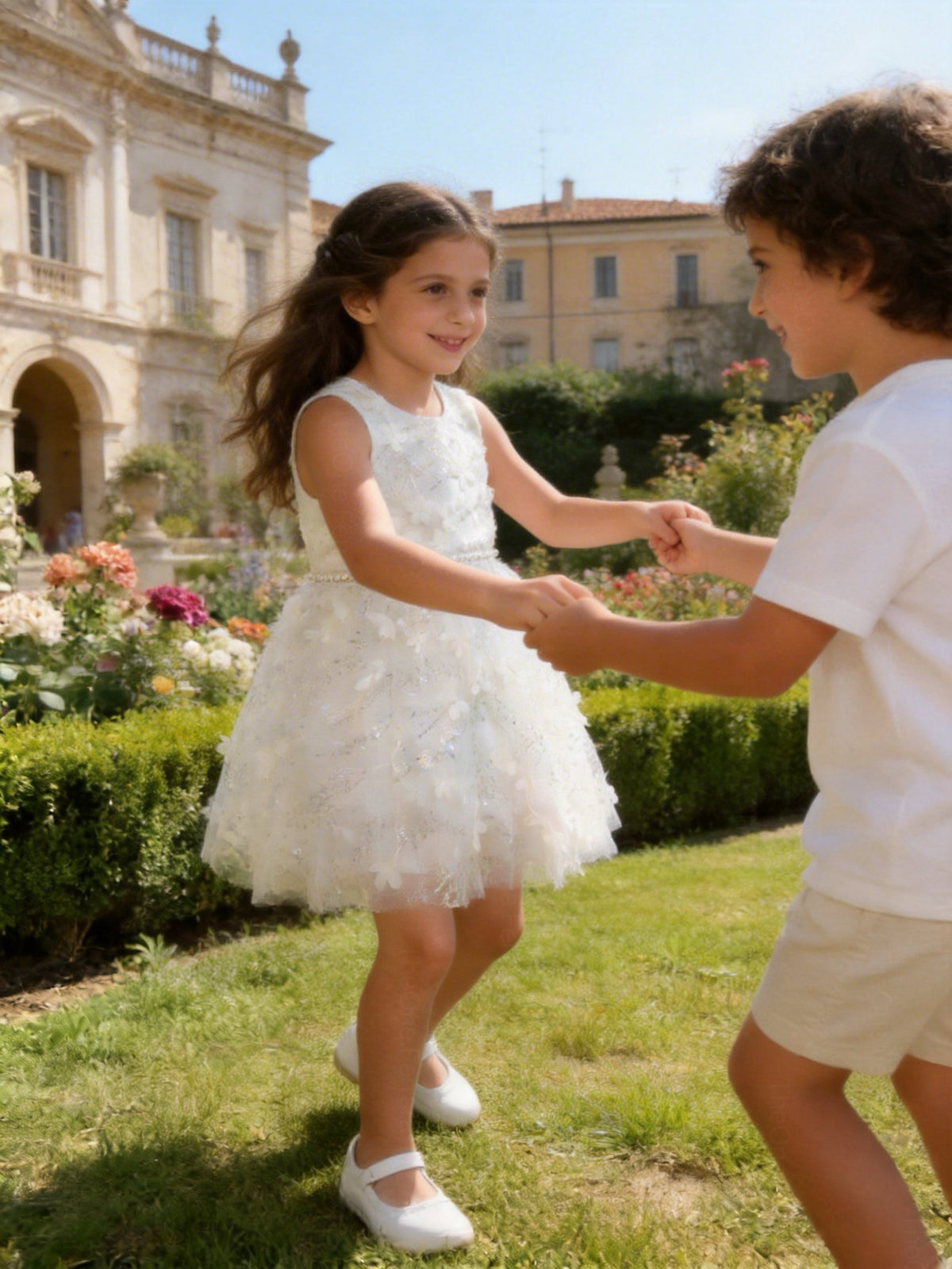 Abito da Cerimonia Bambina 2-12 Anni Elegante – Vestito con Fiori 3D e Gonna in Tulle per Matrimonio, Battesimo e Compleanno 716