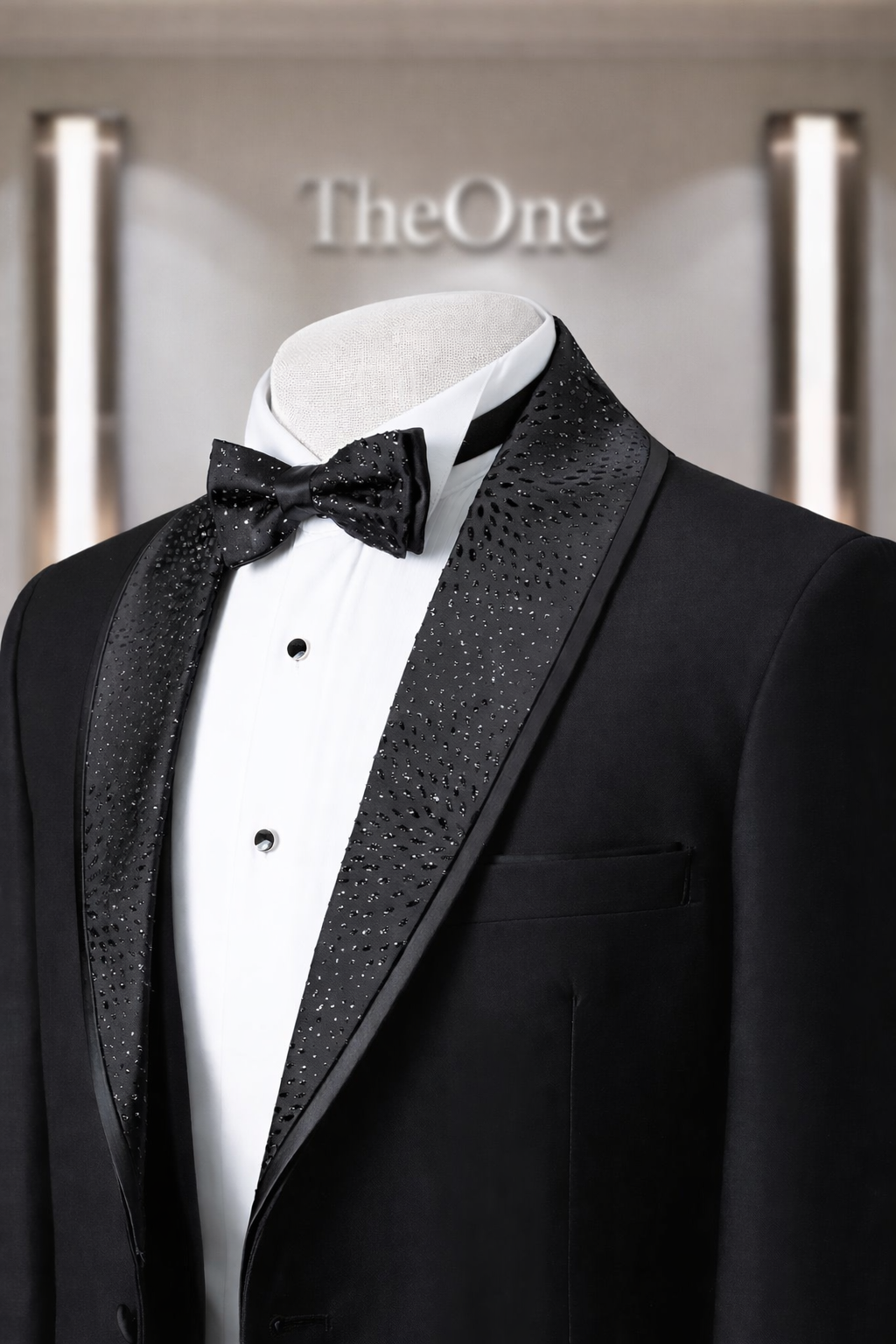 Smoking Uomo Nero 4 Pezzi con Rever Effetto Strass – Giacca 1 Bottone + Gilet Doppiopetto + Pantaloni + Papillon -Slim Fit Drop 6 -400-1-TheOne Ferrara