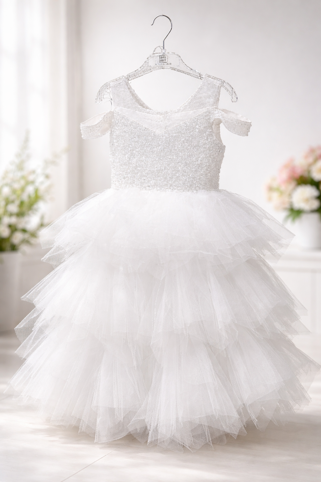 Abito da Cerimonia Bambina Bianco con Tulle e Paillettes 2–14 Anni 8238 -TheOne