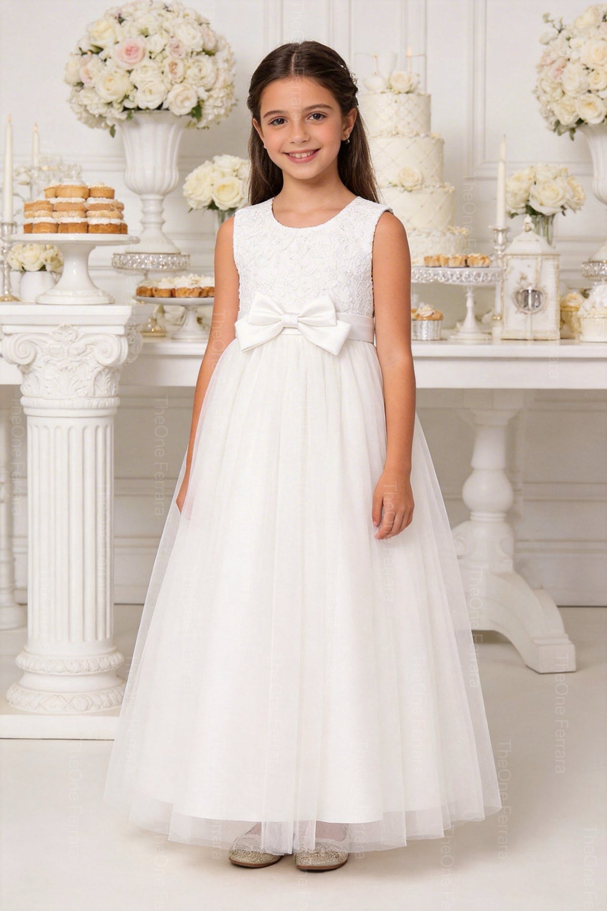 Abito Bambina Elegante Bianco con Fiocco Oro – Vestito Cerimonia 4-14 Anni 3824