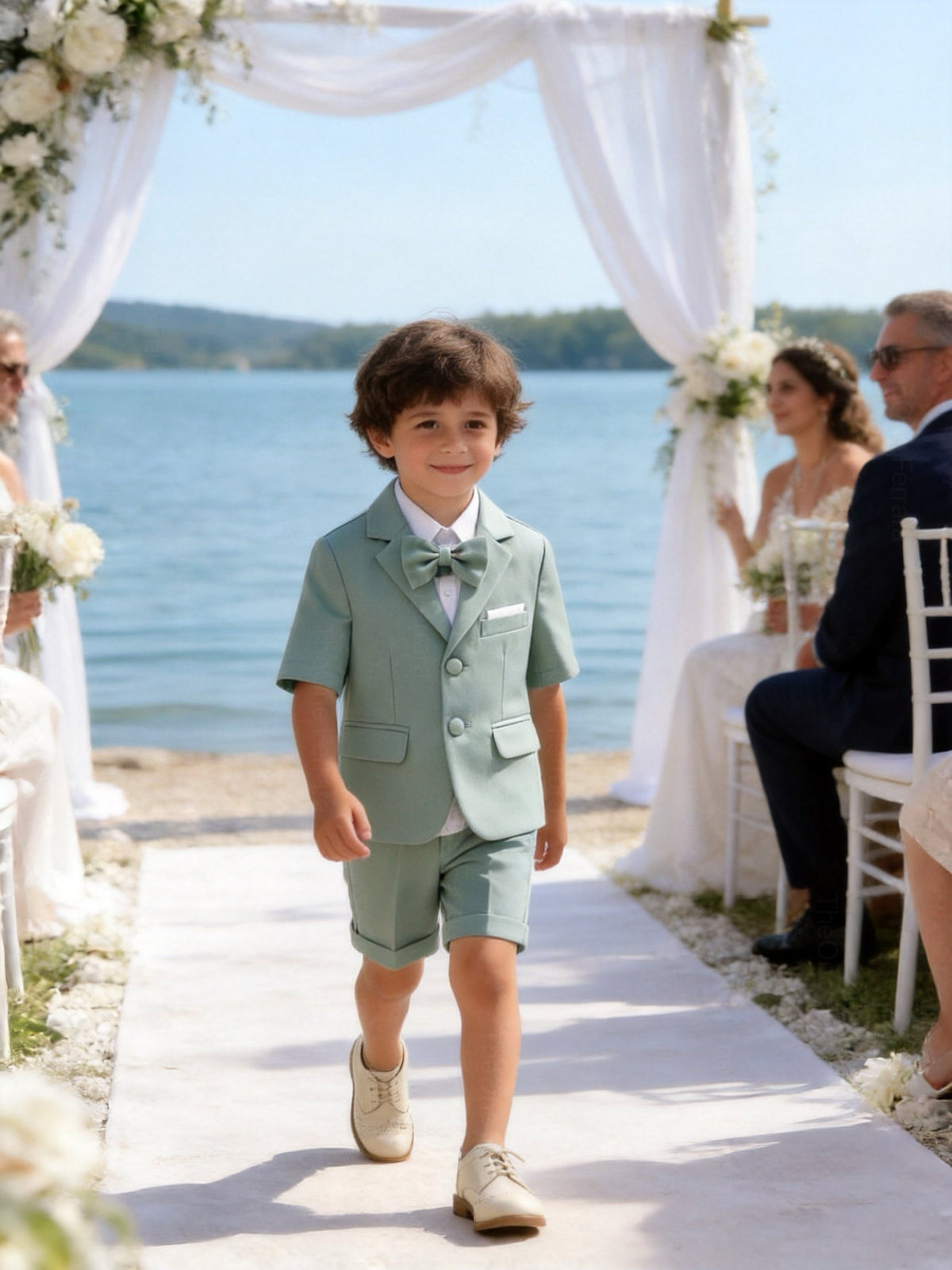 Completo Elegante Bambino Verde Salvia 4 Pezzi con Giacca Shorts Camicia e Papillong 4-10Anni
