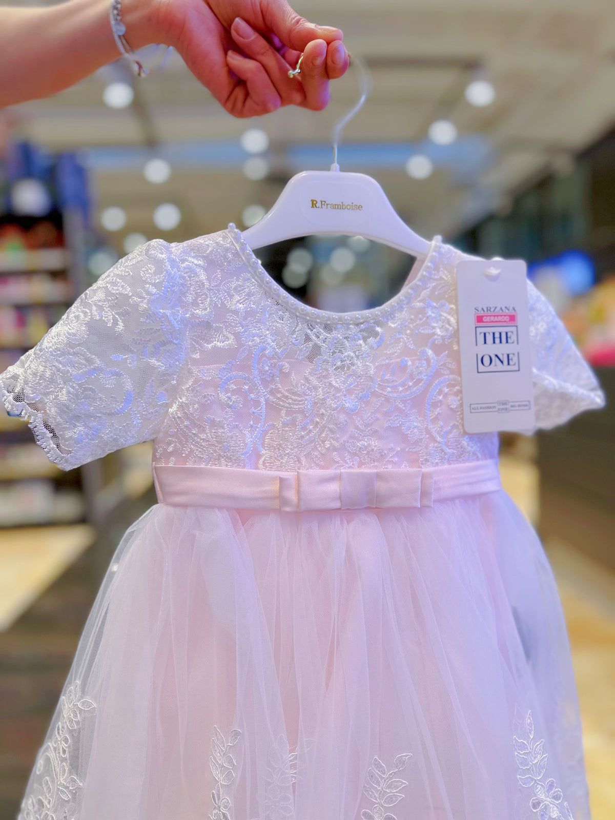 Abito da Cerimonia Bambina Bianco con Pizzo e Fiocco Rosa – Gonna Tulle a Coda di Sirena (6-36 Mesi)-TheOne 3658