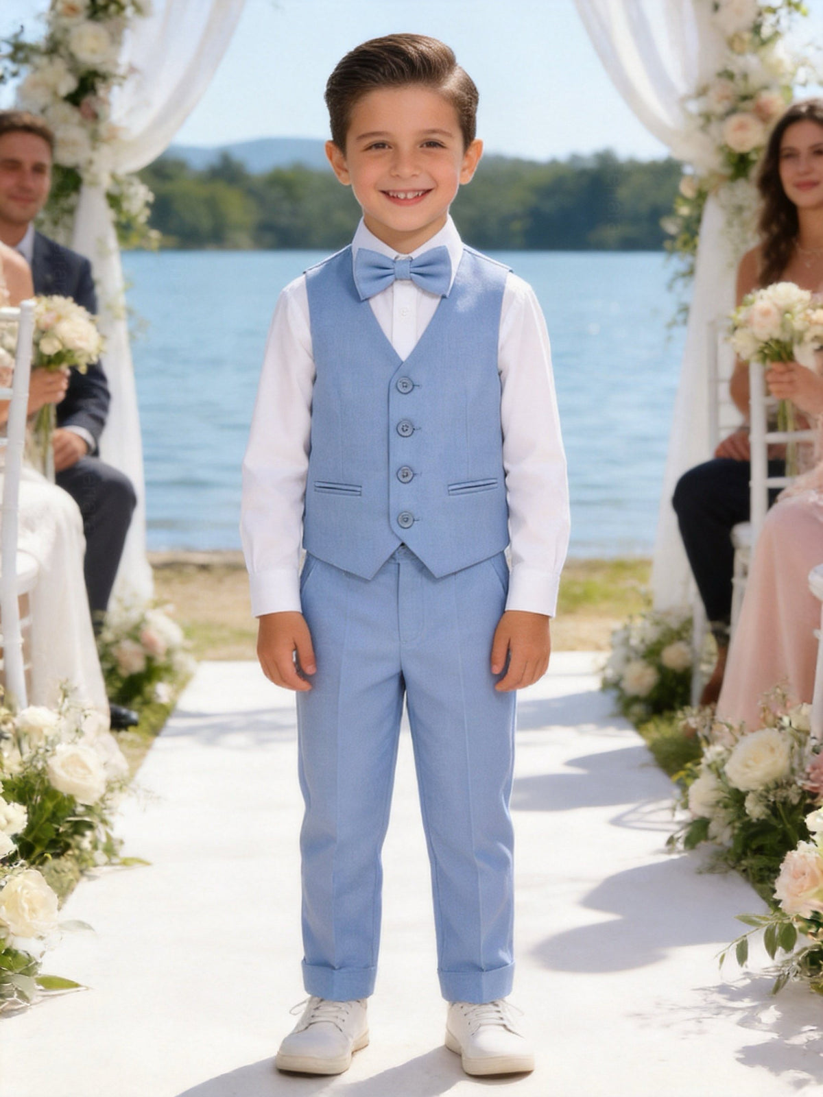 Completo Elegante Bambino Celeste 5 Pezzi con Giacca Gilet Pantaloni Camicia e Papillon