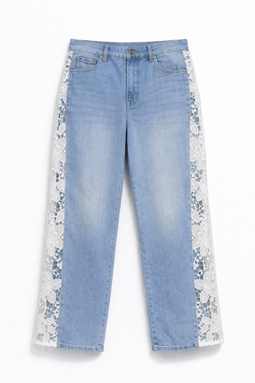 Jeans Donna a Gamba Larga con Inserto in Pizzo – Pantaloni Denim Eleganti Estivi 1989 Denim Blue