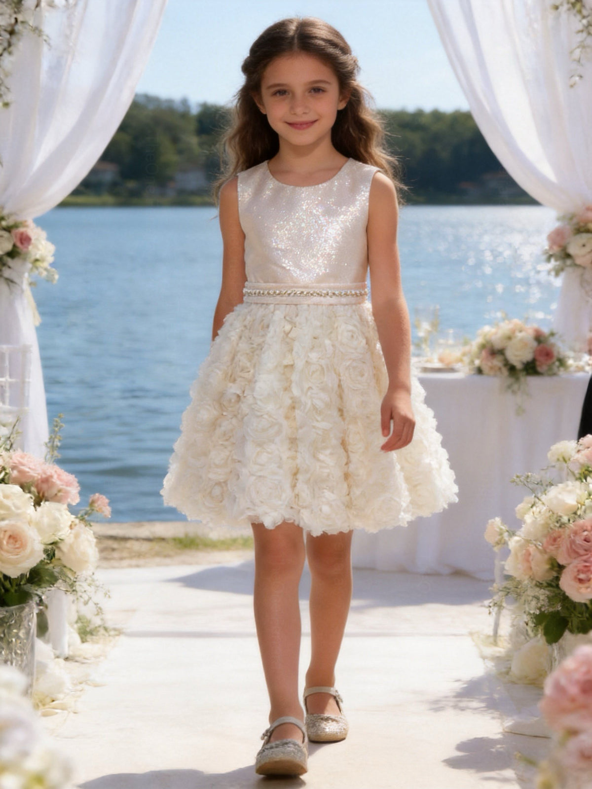 Abito Elegante Bambina 2-12 Anni – Vestito Cerimonia con Gonna 3D Floreale per Matrimonio e Comunione