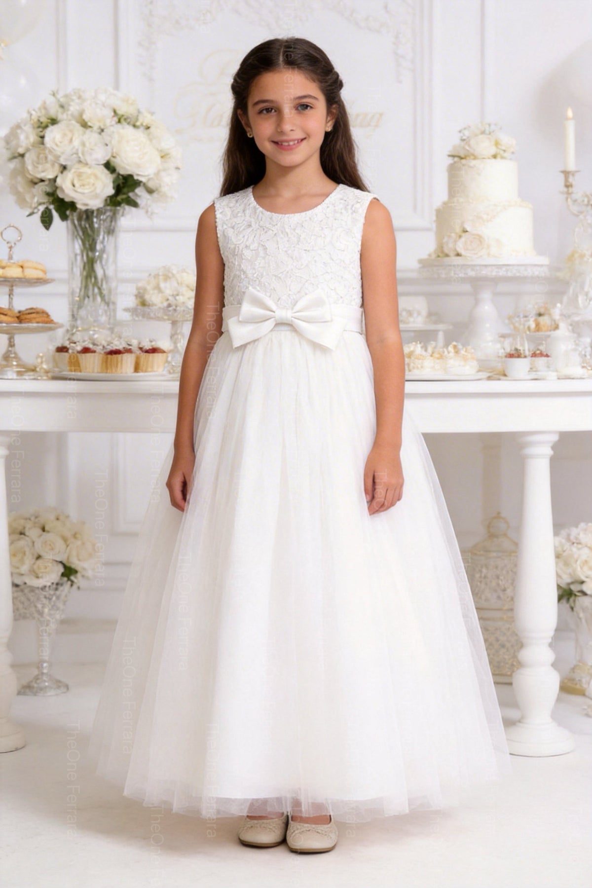 Abito Bambina Elegante Bianco con Fiocco Oro – Vestito Cerimonia 4-14 Anni 3824 Bianco
