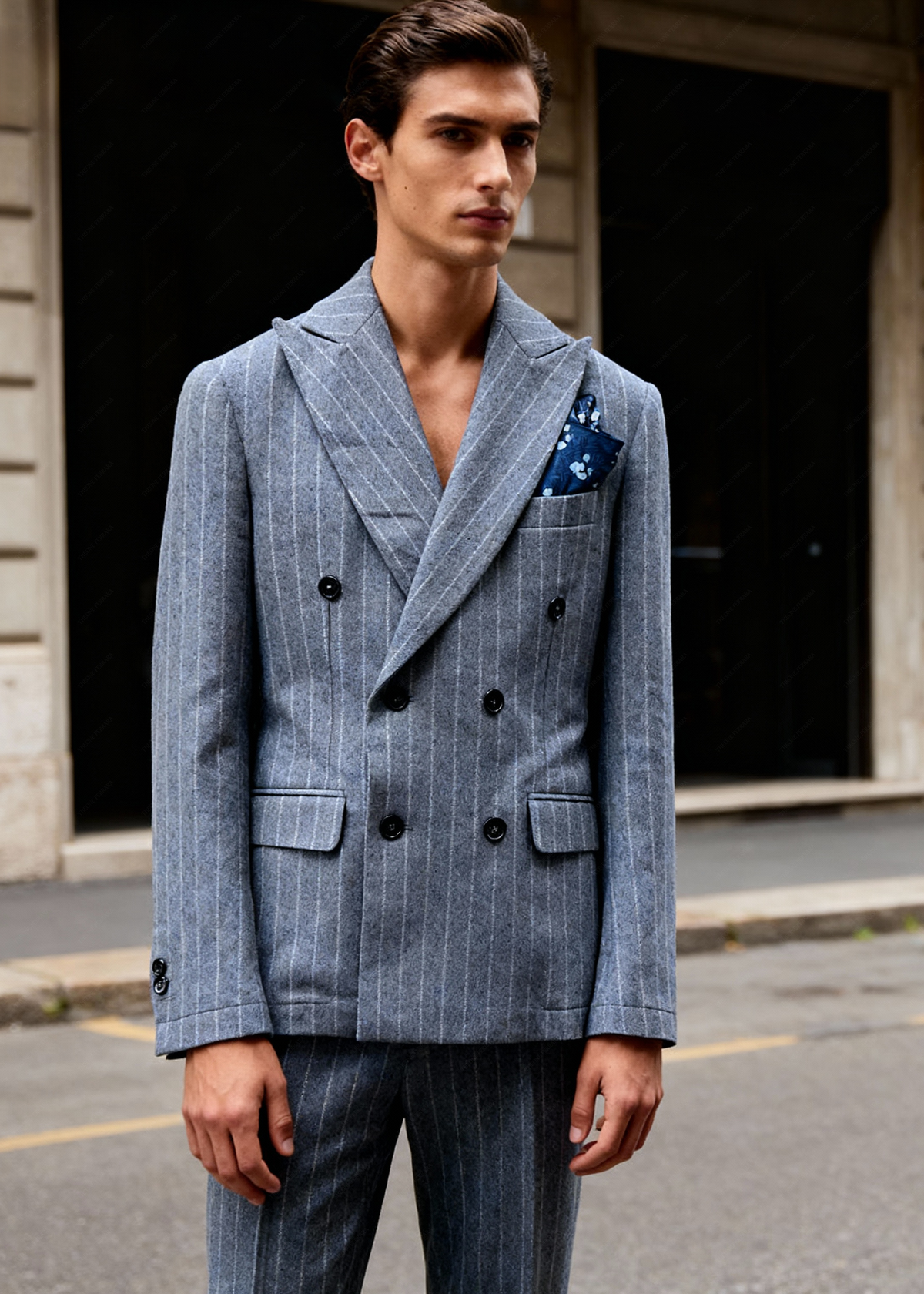 Di Lorenzo Sartoria Italiana | Giacca Doppiopetto LUNA NS | Gessato Azzurro | Tg. 48-58 Blu lago