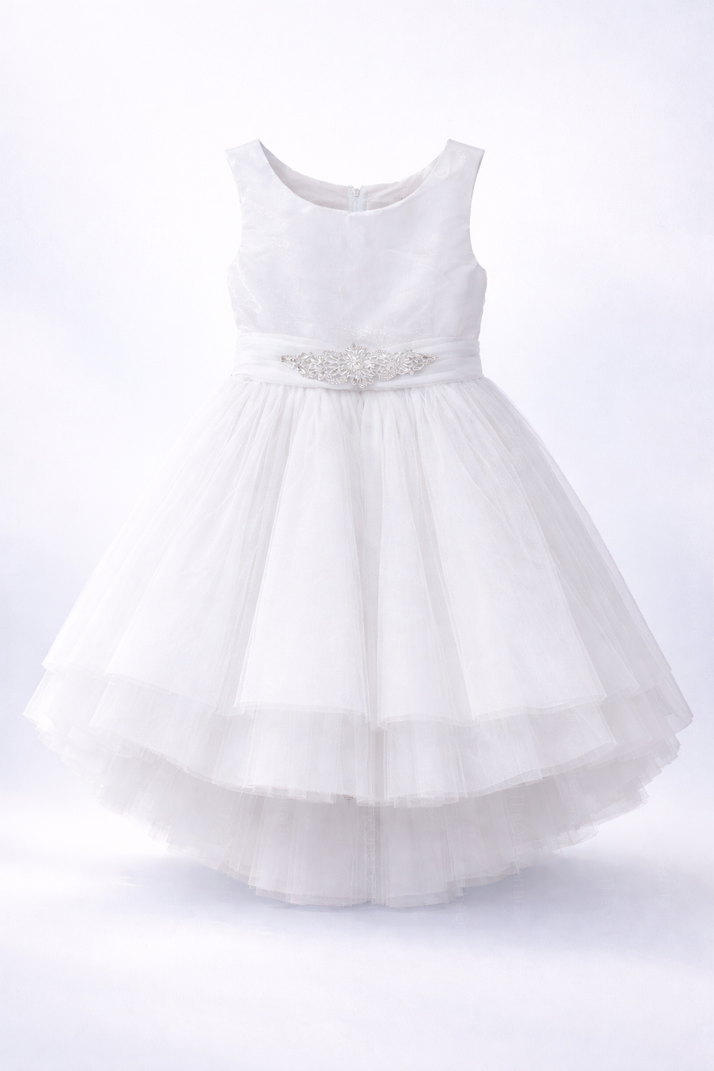 Abito da Cerimonia Bambina Elegante 4-14 Anni – Vestito Damigella in Tulle Multistrato con Cintura Gioiello (Bianco, Champagne, Azzurro) 82535 Bianco