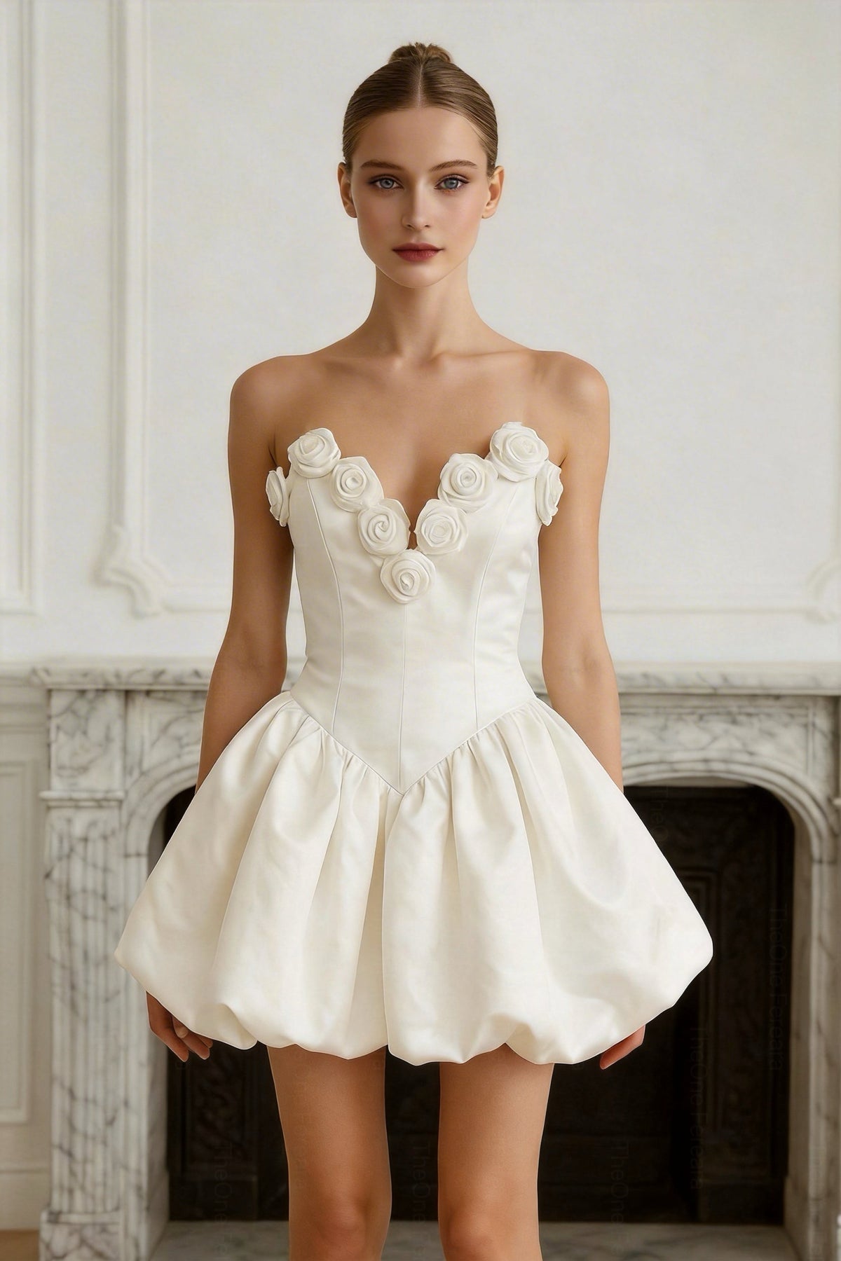Abito Corto Bianco in Raso con Corsetto e Rose 3D – Gonna a Palloncino, Abito da Cocktail & Cerimonia 521688