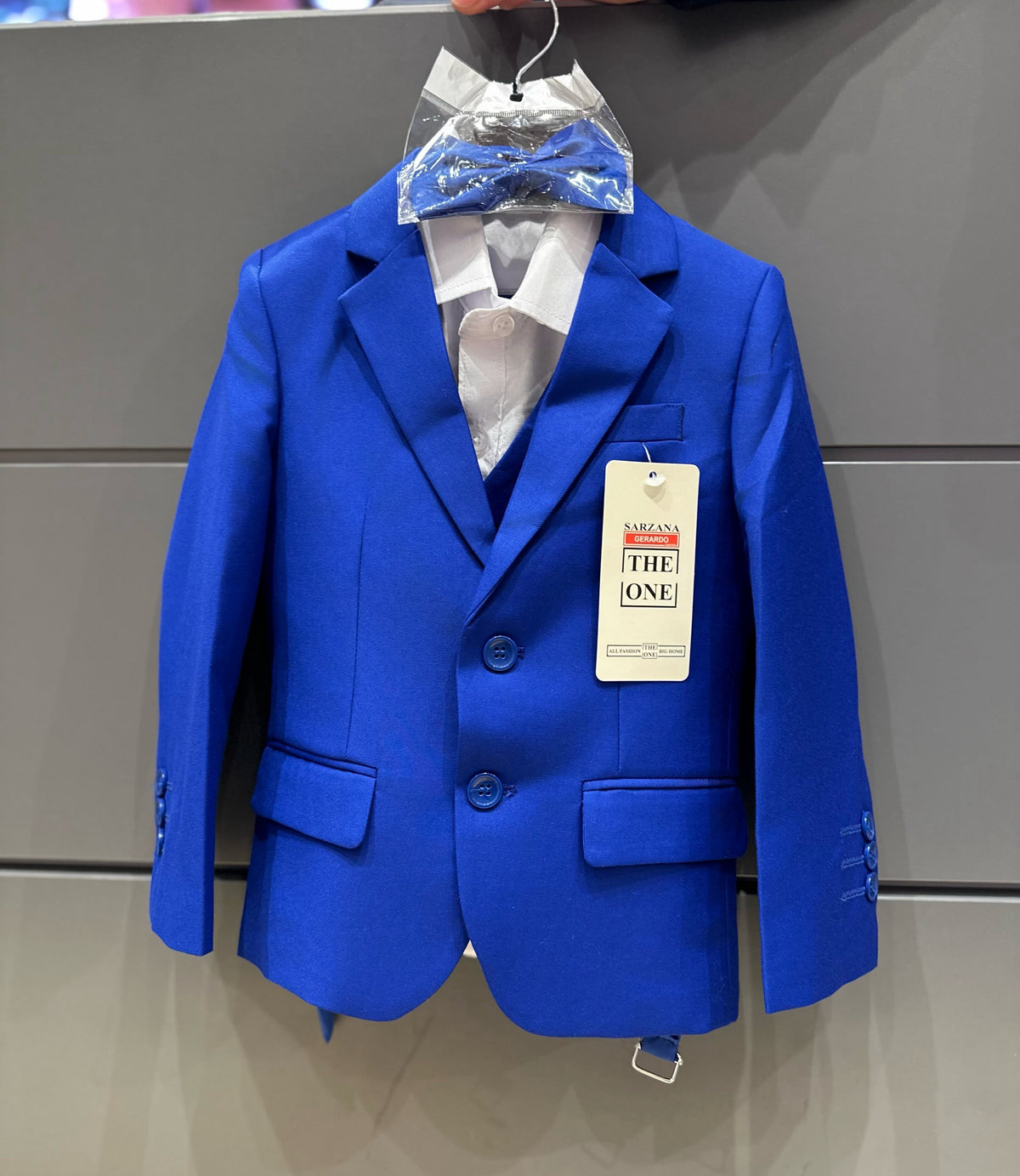 Completo Cerimonia Bambino 5 Pezzi – Abito Elegante Blu Reale con Giacca, Gilet, Camicia, Pantaloni e Papillon 4-14Anni A09 TheOne