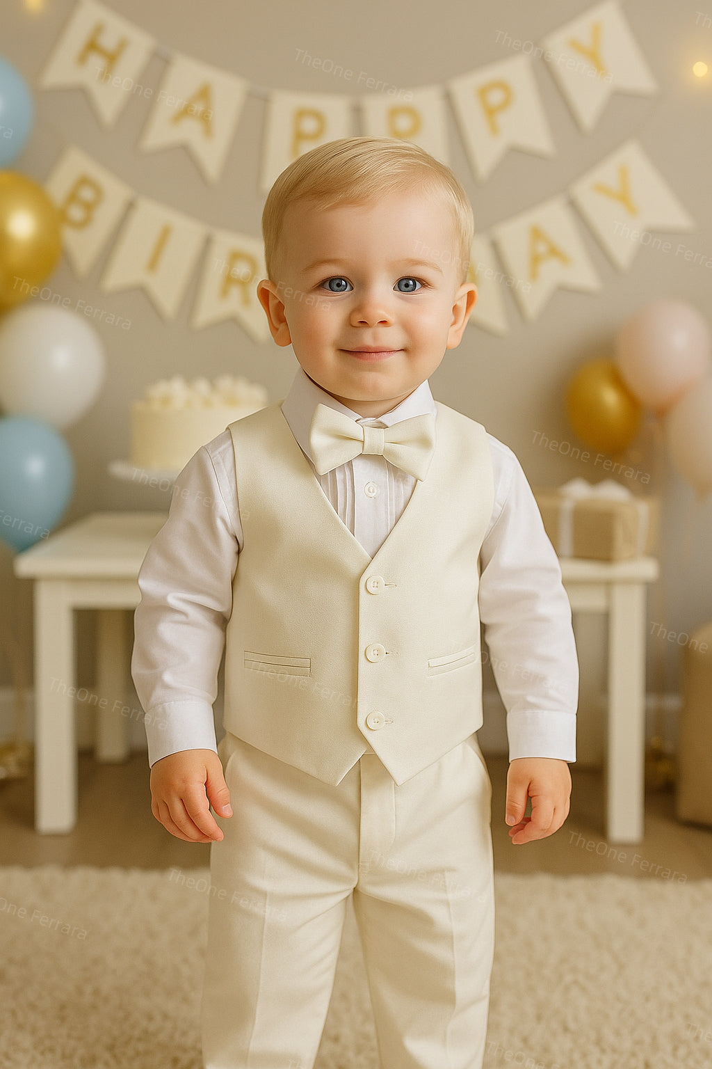 Completo Cerimonia Bambino 5 Pezzi – Abito Elegante Color Panna per Bimbo 6–36 Mesi con Giacca, Gilet, Camicia, Pantaloni e Papillon 6-36M,528-TheOne