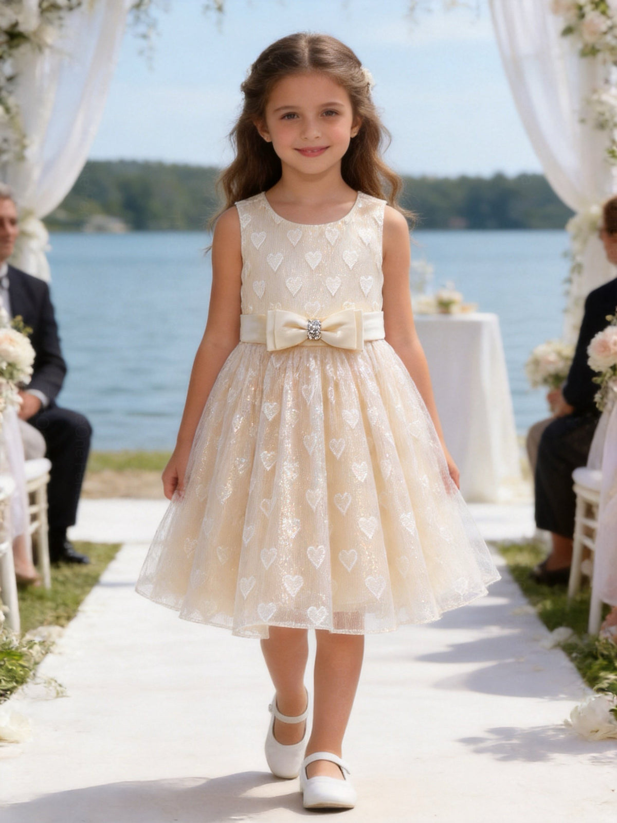 Vestito Bambina Elegante in Organza Jacquard Lurex con Fiocco Champagne