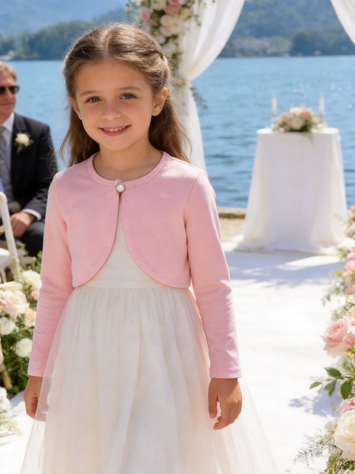 Coprispalle Bambina in Cotone con Bottone Perlato per Cerimonia