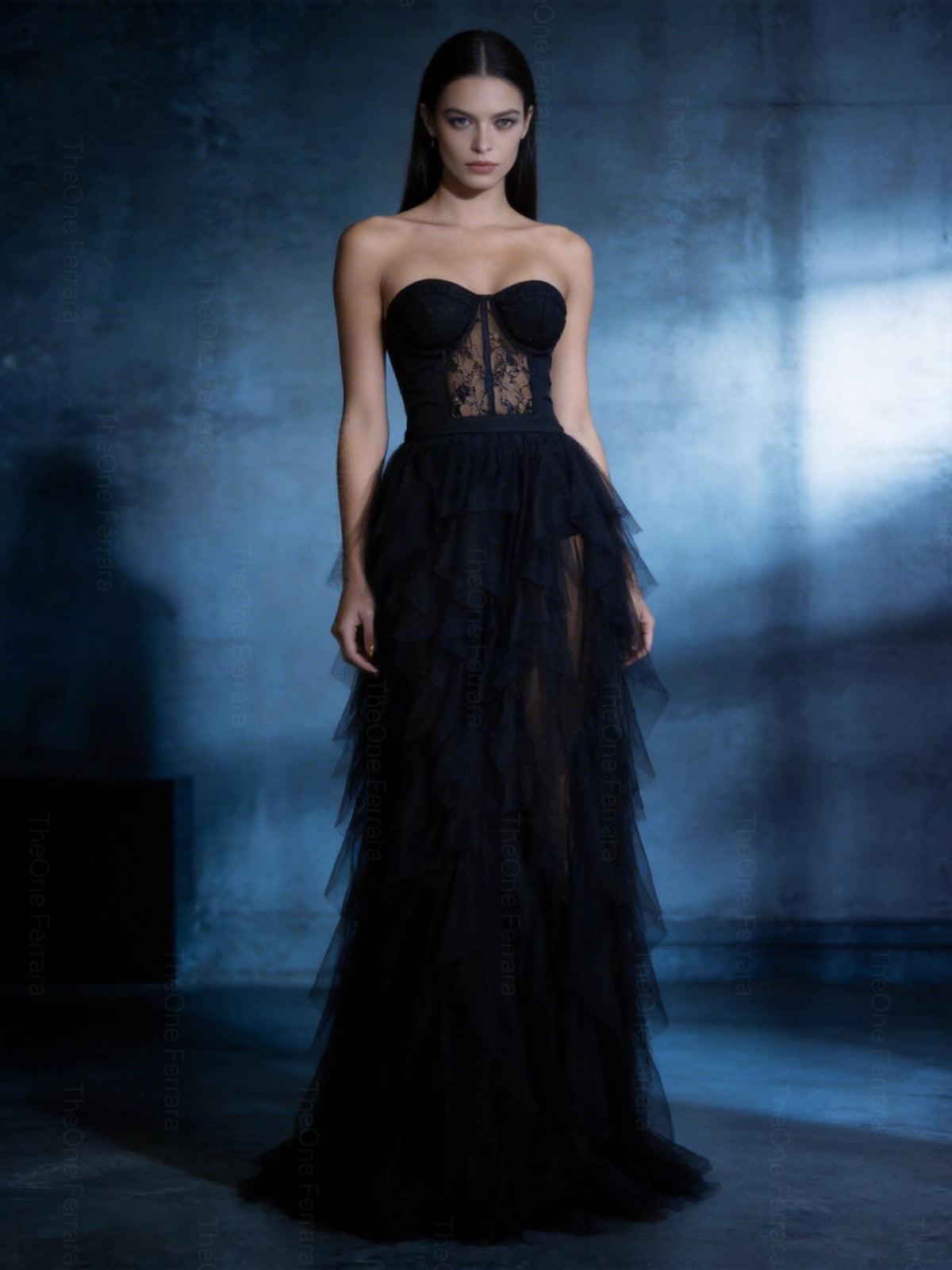 Abito da Sera Nero in Tulle con Corsetto – Vestito Lungo Elegante Bustier da Gala 521679