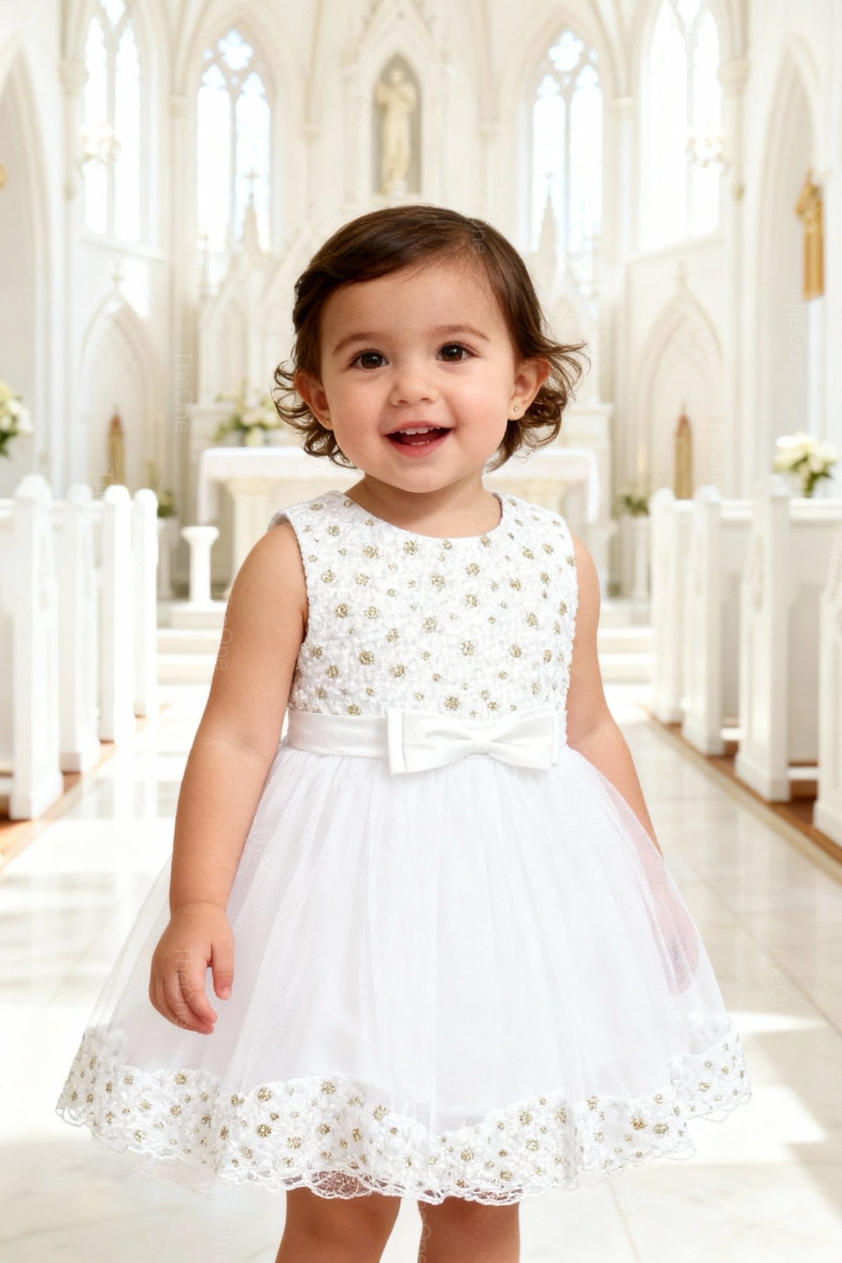 Abito da Cerimonia Bambina Bianco 2–12 Anni – Tulle Elegante con Fiocco | Battesimo, Matrimonio, Comunione 662