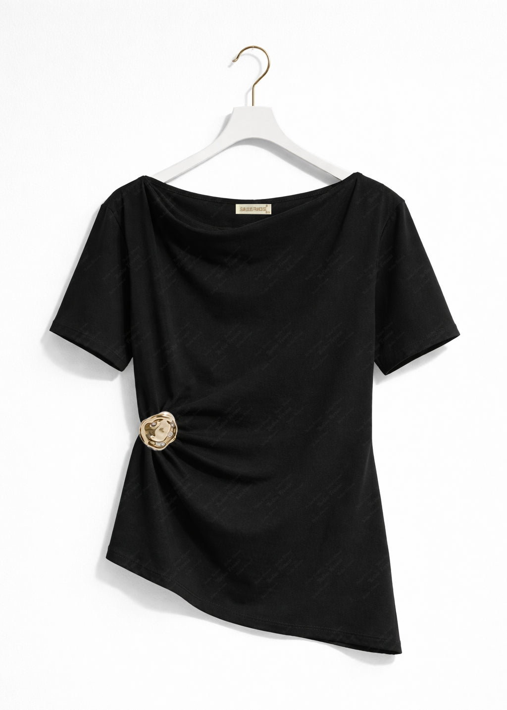 Top Donna Drappeggiato in Cotone – T-Shirt Elegante con Dettaglio Oro 66294 Nero